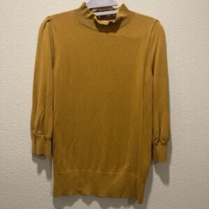 Lark & Ro Knit 3/4 Sleeve Sweater Mustard Yellow XS Ruffle Neck